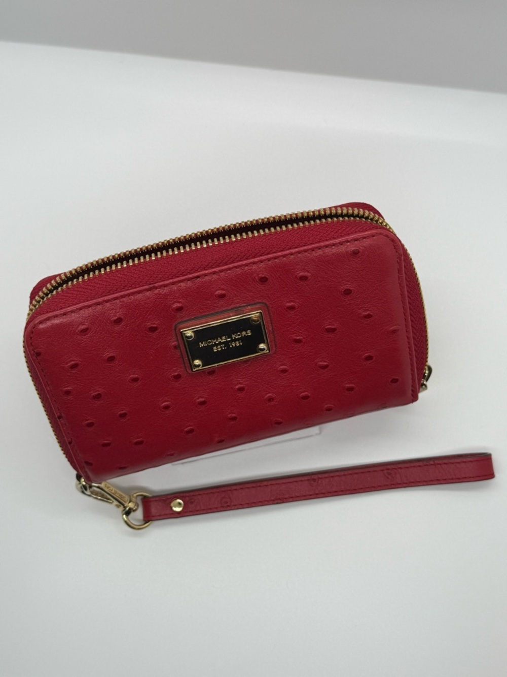 Michael Kors Red Ostrich-Embossed Wristlet with Gold Hardware